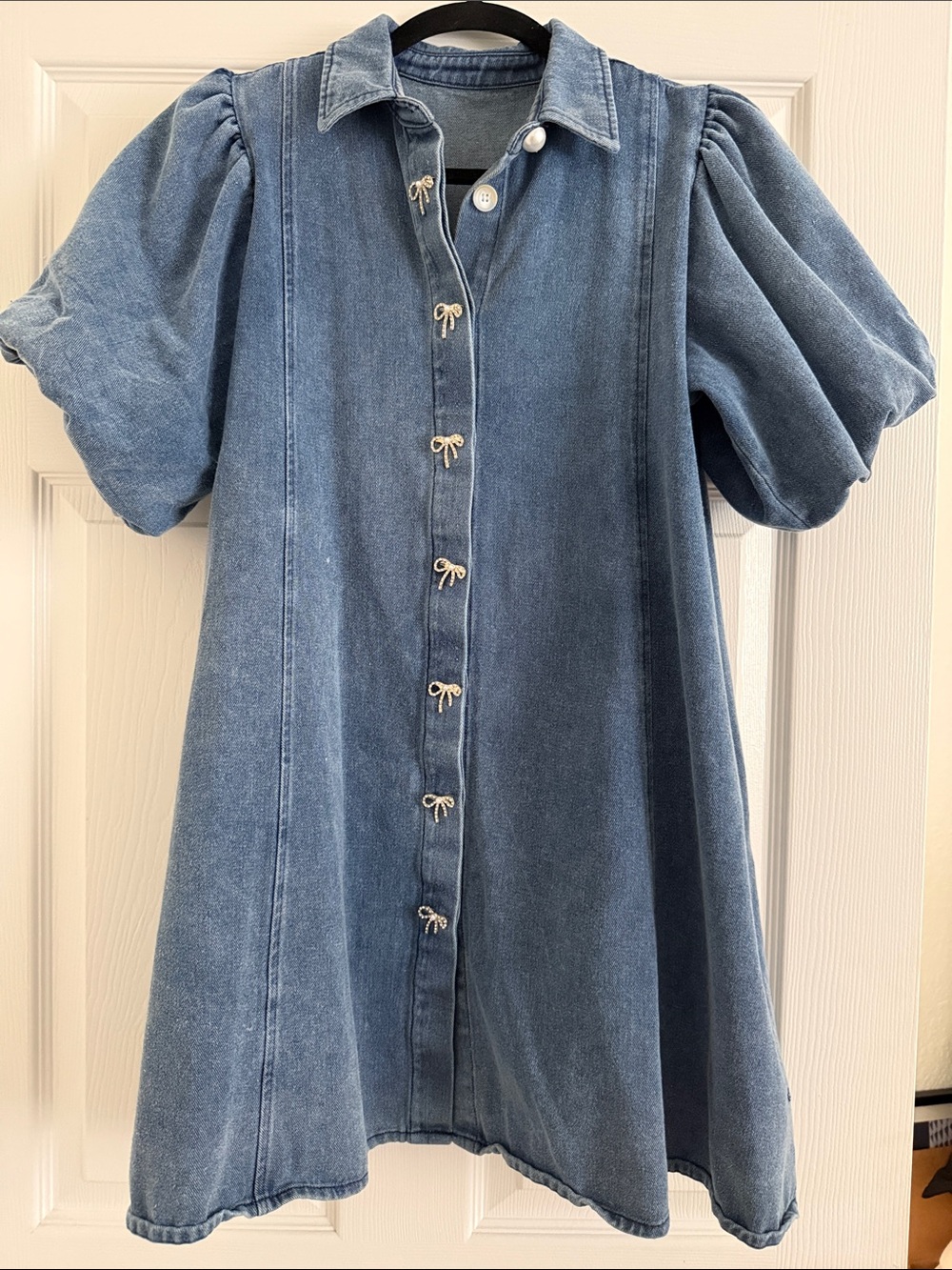 Women Denim Puff Sleeve Dress - Blue